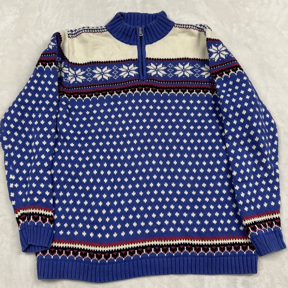Lands' End Quarter Zip Sweater Kids XL 18-20 Blue Fair Isle Snowflake Cotton